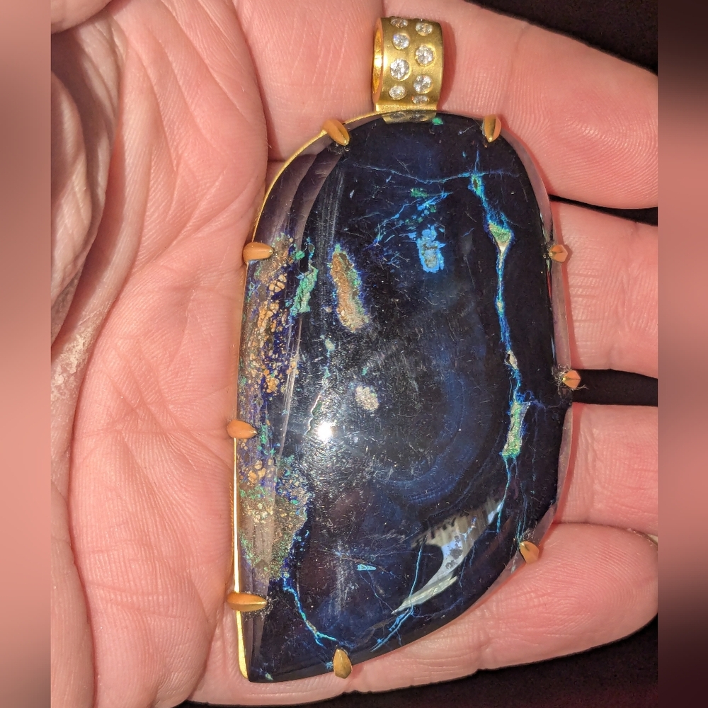 Amazing 10k Yellow Gold Diamond Bail Azurite Blue Gemstone Huge Pendant OOAK - Picture 3 of 16